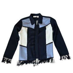 Selene Sport Patchwork Fringe Trim Blue Long Sleeve Blouse Size Medium